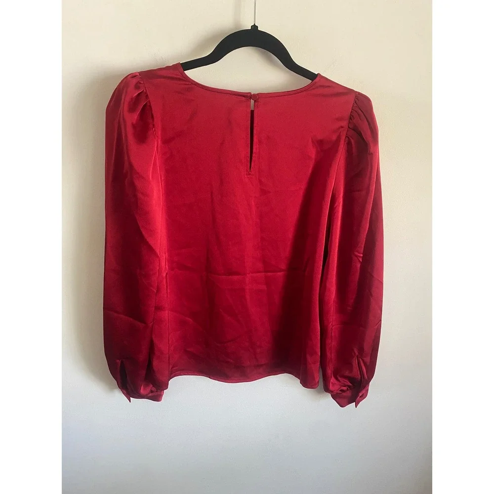 LOFT Womens Red Satin Puff Sleeve Blouse XS Long Sleeve Keyhole Back Top